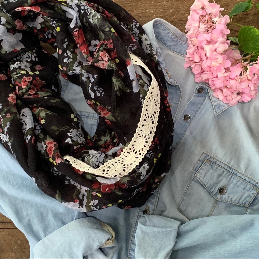 Black With Flower Print Infinity Scarf